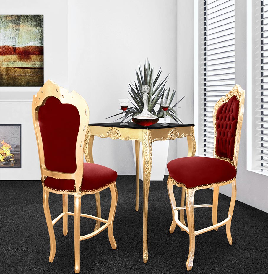chaise de bar de style baroque avec tissu velours bordeaux et bois doré Royal Art Palace